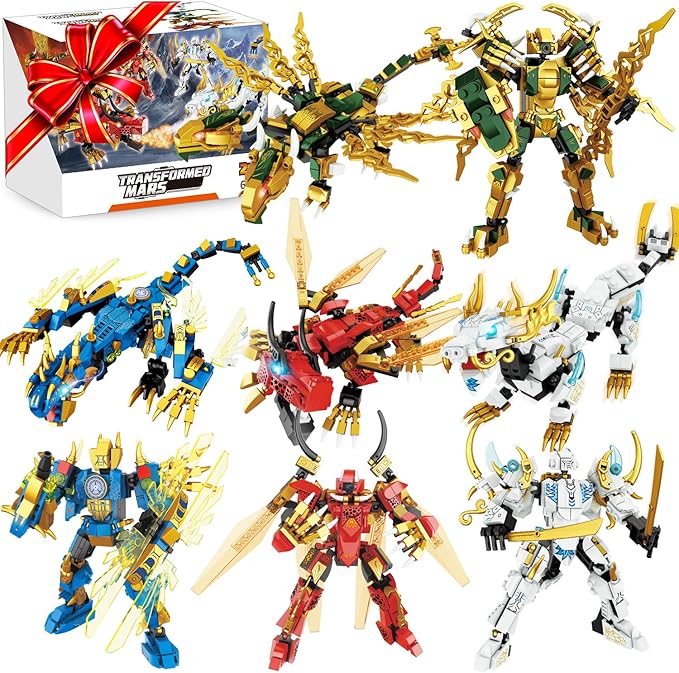 Ninja Mech Dragon Building Blocks Set 2-in-1 Transforming Robot &amp Elemental Action Figures 1222 PCS STEM Construction Toy for Kids 6-12 Birthday Gift Compatible with Major Brands (4 Elements)