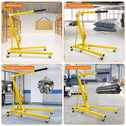 EliteEdge 2-Ton Folding Engine Hoist Cherry Picker 4400 Lb Capacity Hydraulic Shop Crane with Telescoping Boom 6 Caster Wheels for Automotive Repair Garage Use Includes Hitch and Storage Stand Yellow