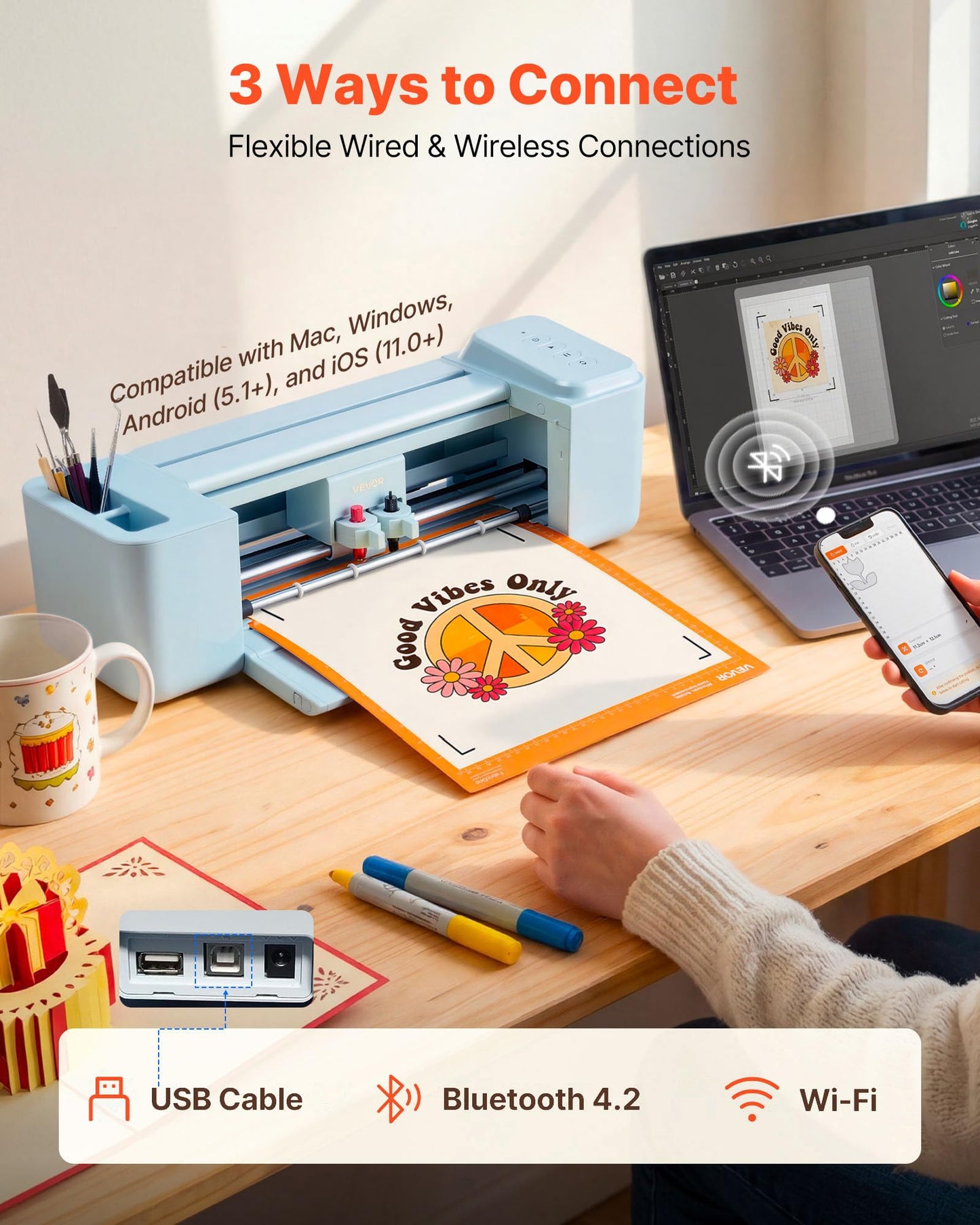 VEVOR Vinyl Cutting Machine, 12 in, Button-Controlled Vinyl Cutter, 20000+ Built-in Design Resources, Compatible with Mac, Windows, Android and iOS, for Creating Customized Crafts Cards, Home Decor