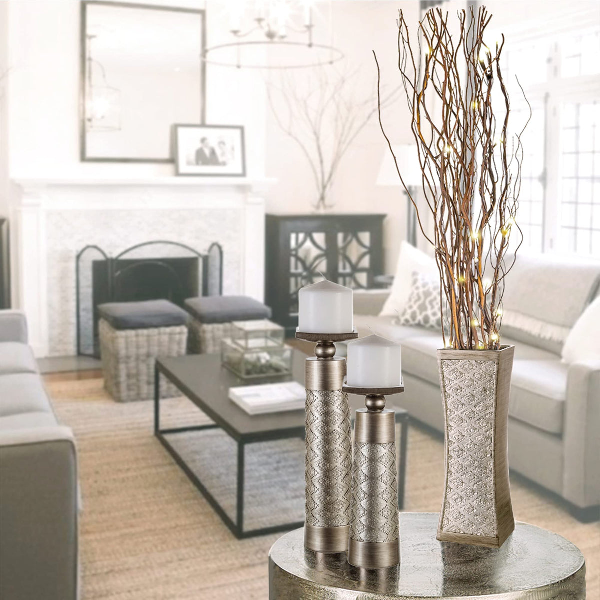 Creative Scents Dublin Silver Decorative Candle Holder Set of 2 - Home Decor Pillar Candle Stand, Coffee Table Mantle Decor centerpieces for Fireplace, Living or Dining Room Table, Gift Boxed