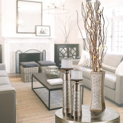 Creative Scents Dublin Silver Decorative Candle Holder Set of 2 - Home Decor Pillar Candle Stand, Coffee Table Mantle Decor centerpieces for Fireplace, Living or Dining Room Table, Gift Boxed