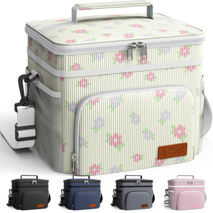 HOTOR Insulated Lunch Box for Men & Women - Leak-Proof Cooler Lunch Bag with 4 Pockets, Adjustable Strap, Ideal for Work, Picnic, Travel - Medium, Beige Flower, 10.2"×6.9"×8.5"
