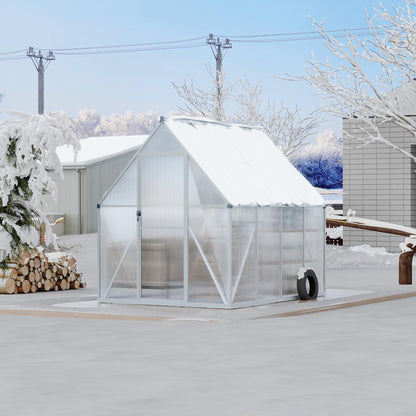 6x7 FT Heavy Duty Aluminum Polycarbonate Greenhouse – Large Walk-in Structure, Quick Setup, Roof Vent, Lockable Door, Rain Gutter – Ideal for Patio, Backyard, Garden – Silver