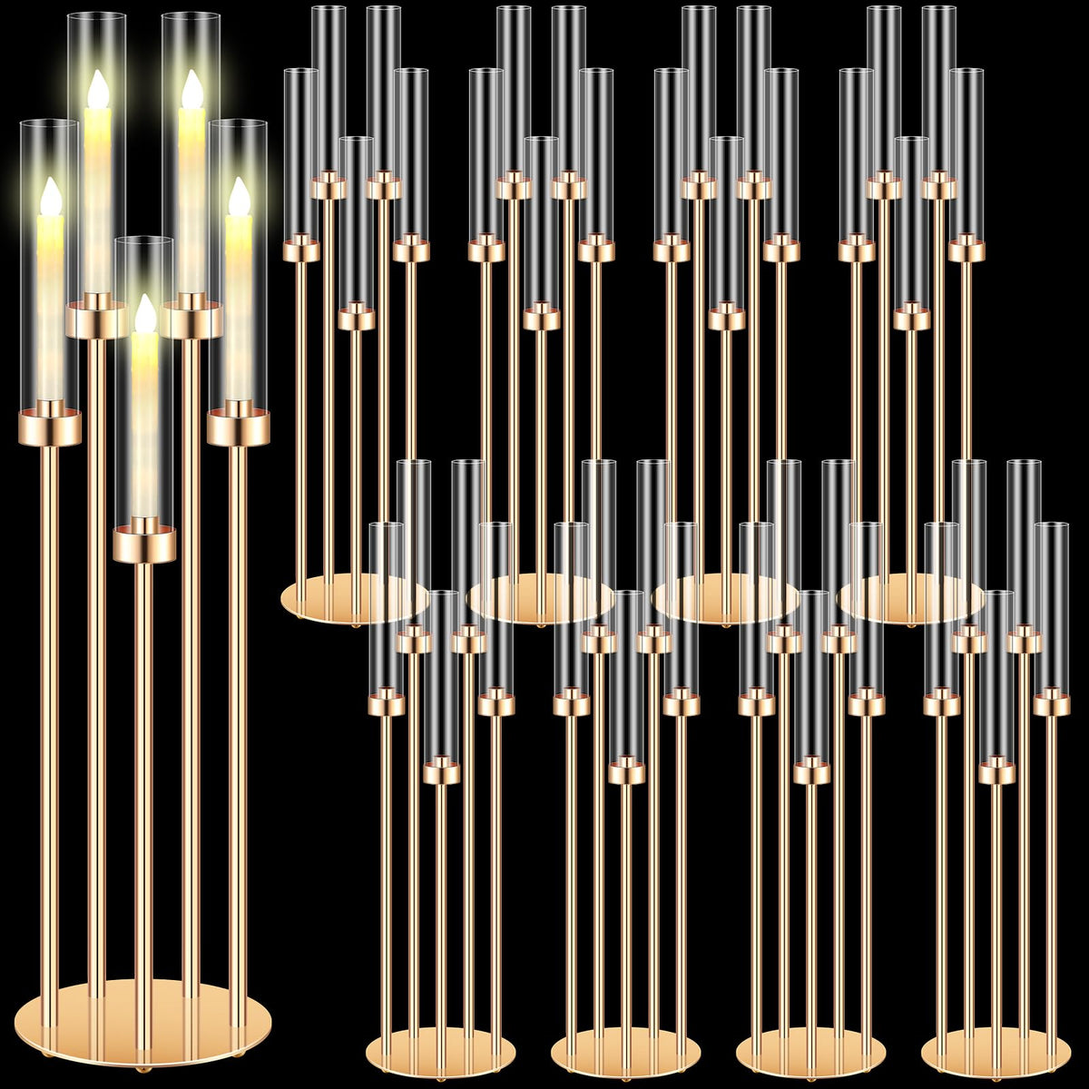 Tandefio 8 Pcs Acrylic Candelabra Centerpieces 35" Tall Clear Candle Holders Pillar Taper Candlestick with Lampshades 5 Arm Floor Candelabra Stand for Wedding Christmas Ceremony Dinner Party