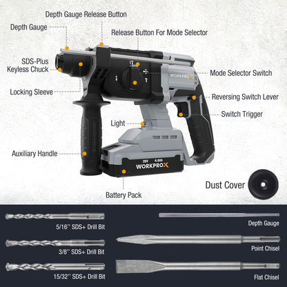 WORKPROX 20V Cordless Rotary Hammer Drill, 7/8" SDS-Plus, 2.0J Hammer Drill for Concrete with 4 Functions, Brushless Motor, 4.0Ah Battery & LED Light, Lightweight SDS Hammer Drill for Home Use