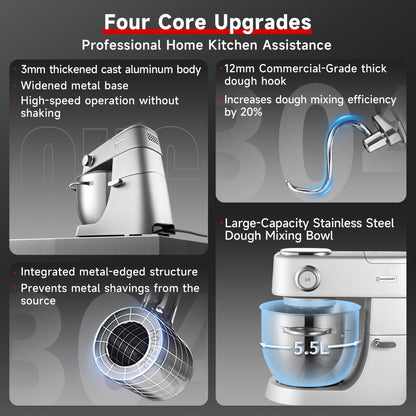 Hauswirt Stand Mixer 6QT XL Large, 4.5" LED Touch Screen Electric Household Stand Up Mixer, Full Metal Structure Standing Mixer 11-Speed, Dough Cake Bread Mixer – Silver