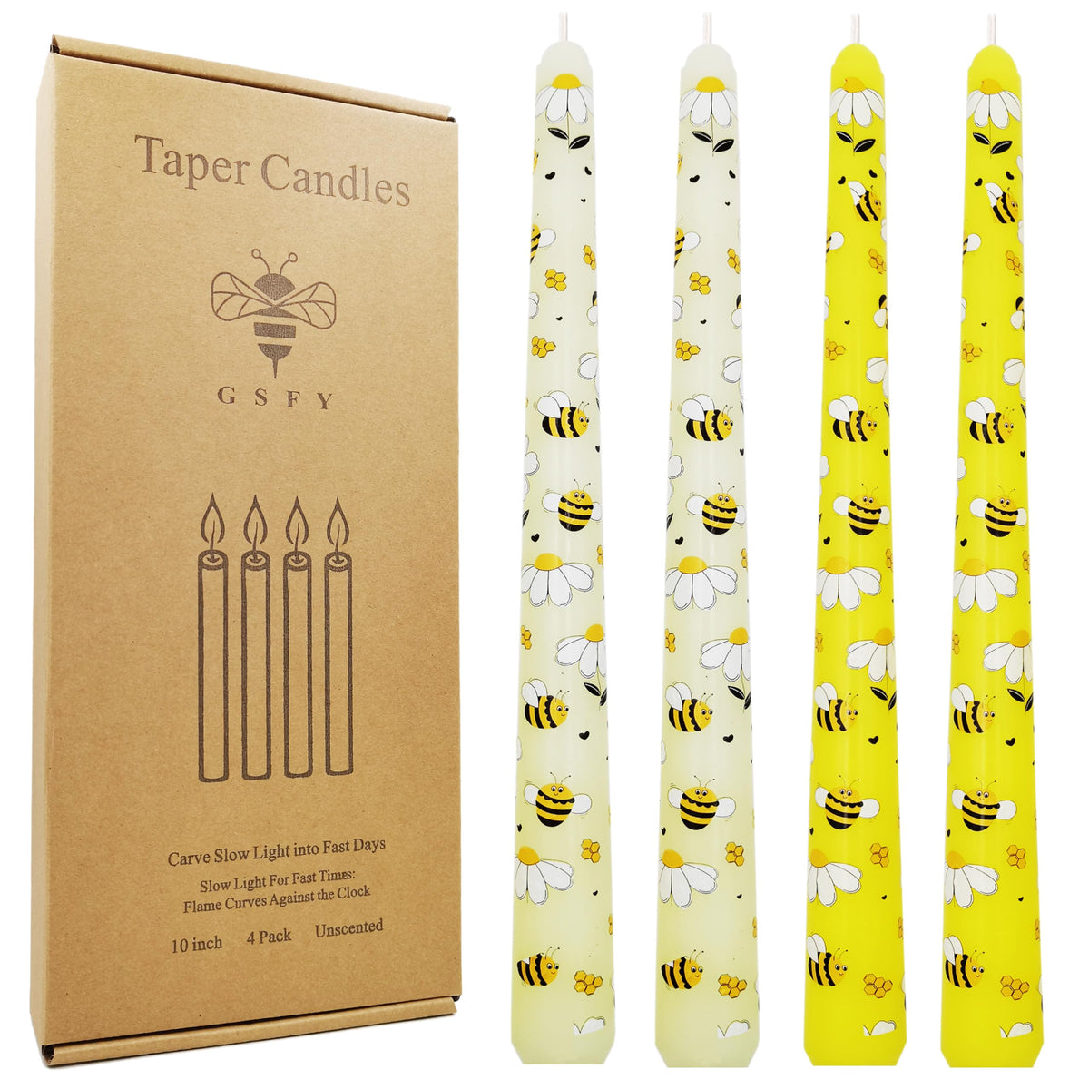 FYBW Bee Print Taper Candles 10 Inch 4 Pack Unscented, Smokeless, Tall Tapered Candles for World Bee Day Mother's Day, Wedding Holiday Party(BY3)