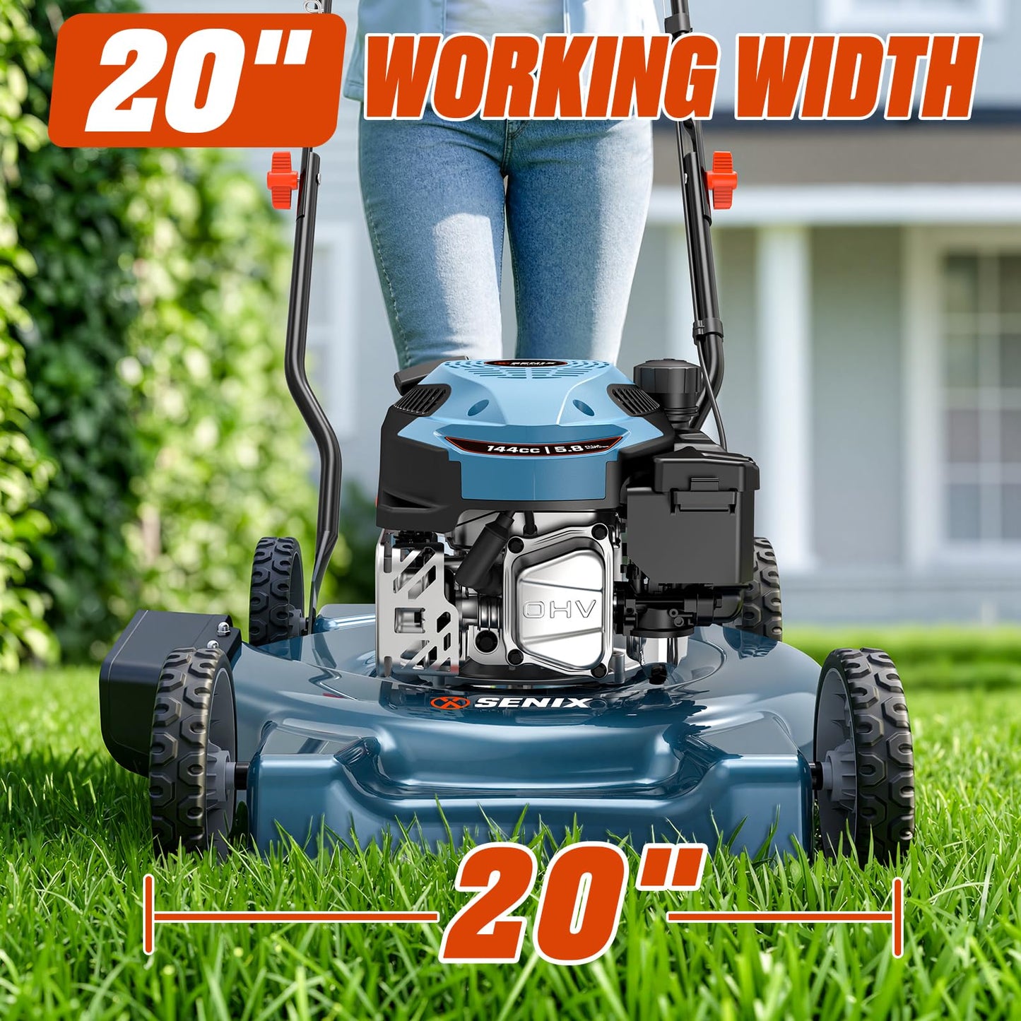 SENIX 20" Gas Lawn Mower, 144 cc Gas Powered Lawnmower, 4-Cycle Engine Walk-Behind Push Lawn Mowers, 3 Cutting Height, Lightweight,for Garden Yard