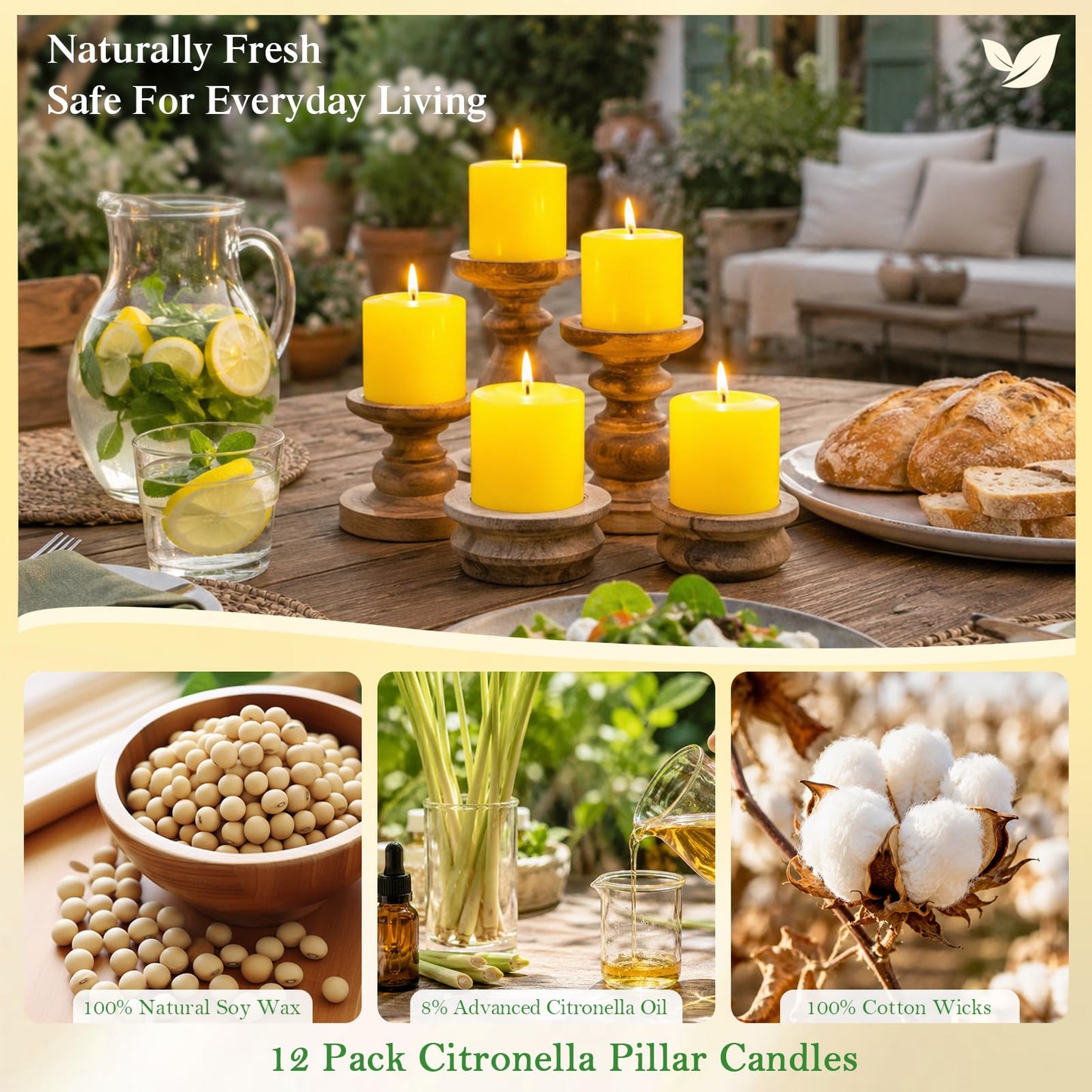Citronella Pillar Candles - Citronella Candles Outdoor & Indoor Natural Soy Wax Cotton Wick for Patio Garden Camping Party Yard Balcony Wedding Camping Home Decoration in Summer (12Pack)