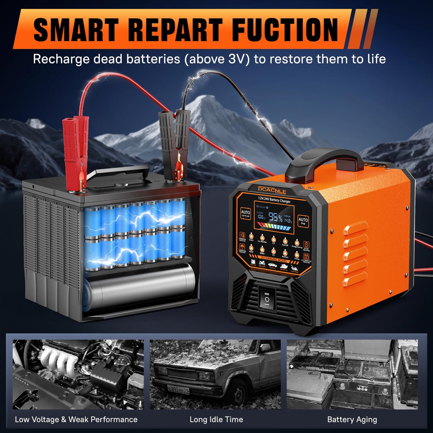 DCACNLE Car Battery Charger Heavy Duty,12V/24V Portable Smart Trickle Charger Battery Maintainer,Maintenance/Winter Mode,for AGM Auto Motorcycle Truck Rv Lawn Mower - for Lead Acid Batteries