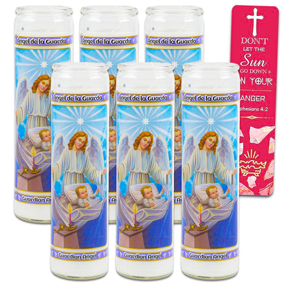 Guardian Angel Prayer Candle 6 Pack - Bundle with 6 Guardian Angel Glass Prayer Candles for Devotionals, Vigils, Prayers, Blessing, Religious Ceremonies, More Bookmark | Unscented Religious Candles