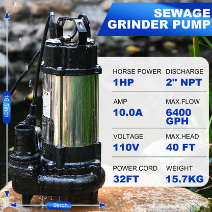 SCHUPETHAUER 1 HP Sewage Grinder Pump, 115V Grinder sump pump, Stainless Steel, Automatic Float Switch, Cast Iron Impeller, 2'' Npt Discharge, Sewage Pumps for Basement, Sump Basin, Sewage Well
