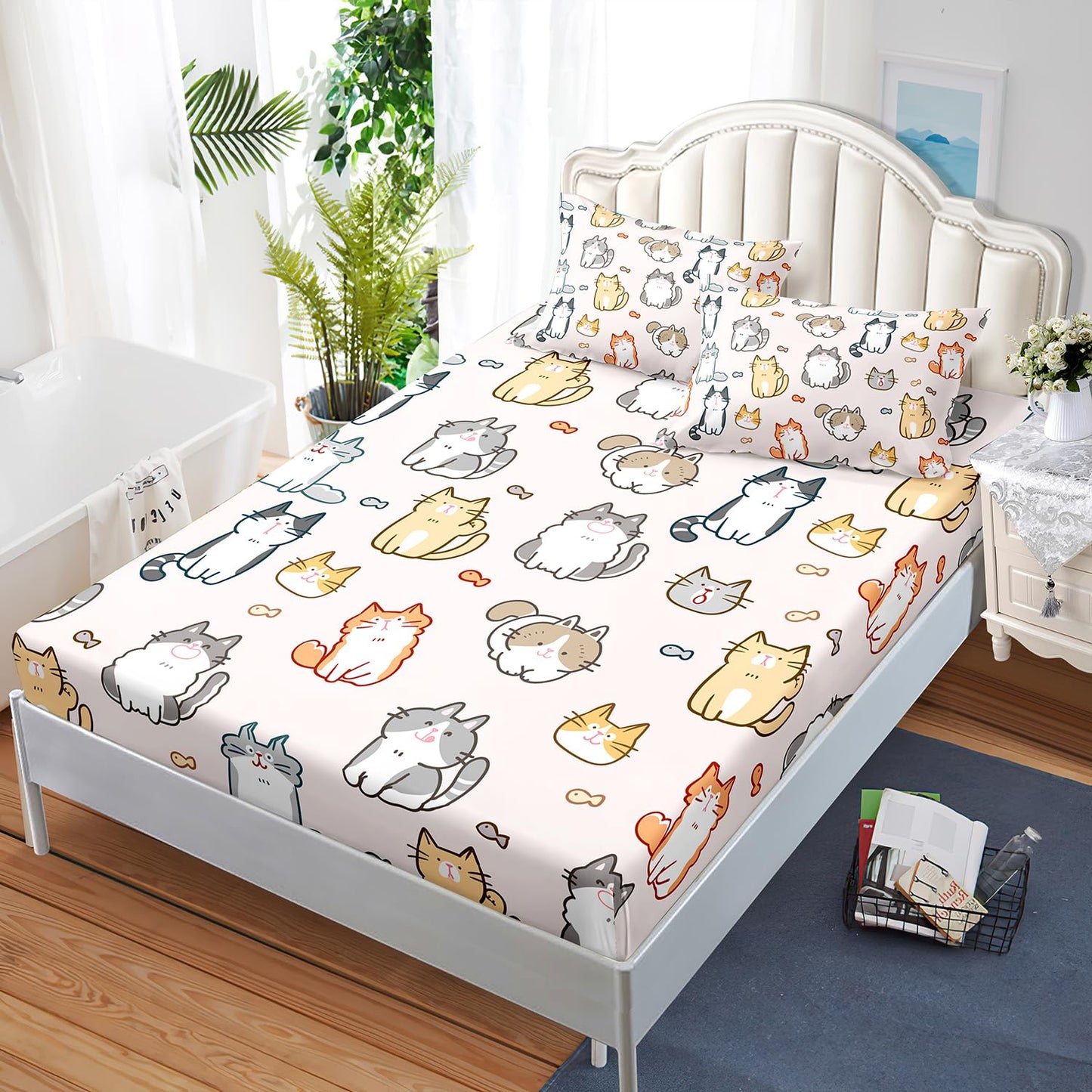 XYNHML Kids Cute Cat Fitted Sheet Set 3Pcs Cartoon Pet Cat Fishing Quilt Bed Sheets Twin Lovely Animal Bedding Set for Boys Teens Adult Includes 1 Fitted Sheet,2 Pillowcases