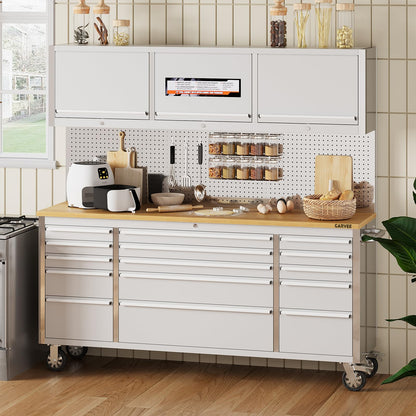Garvee 72-Inch Heavy-Duty Rolling Tool Chest & Mobile Workbench with 9 Drawers & 3 Top Cabinet, Rubber Wood Tabletop, Key Locking System, Drawer Liners & Wheels, Steel Storage Cabinet for Garage