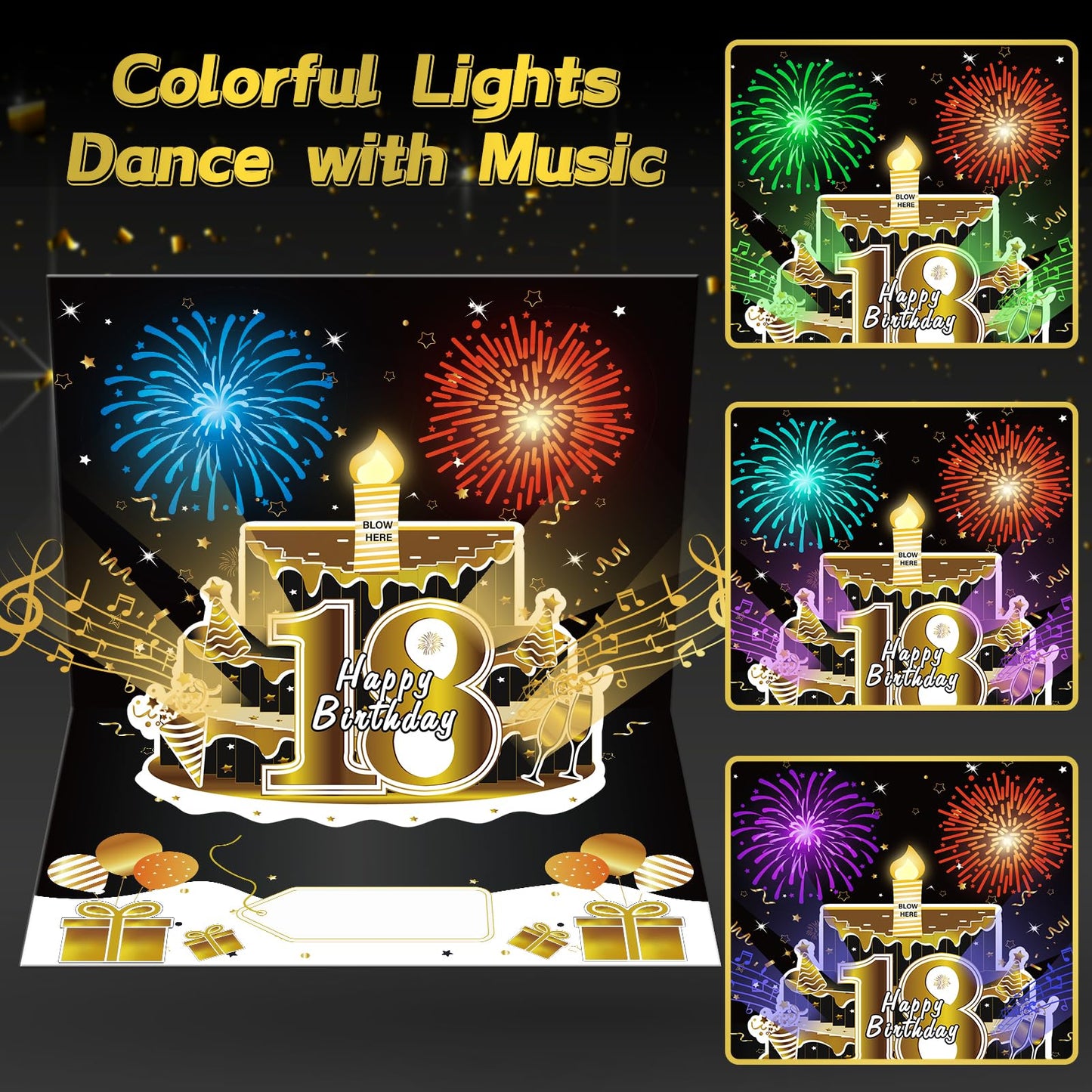 Turypaty 18th Birthday Cards Pop Up 3D Cake - Firework & Music & Blow Out Candle Light Funny Happy 18 Black Gold Birthday Card Gifts for Boys, Girls, Friends, Son, Daughter, Grandson, Boyfriend