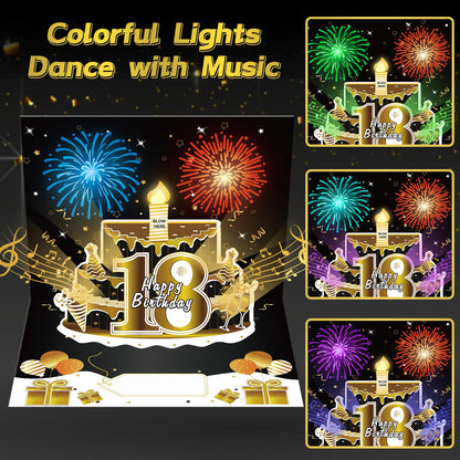 Turypaty 18th Birthday Cards Pop Up 3D Cake - Firework & Music & Blow Out Candle Light Funny Happy 18 Black Gold Birthday Card Gifts for Boys, Girls, Friends, Son, Daughter, Grandson, Boyfriend