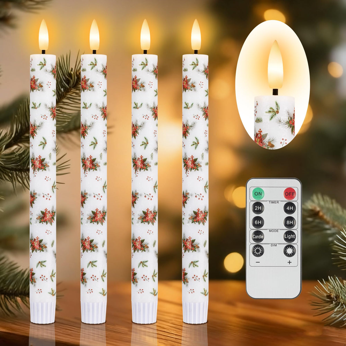 SEHNSY Christmas Flameless Taper Candles, 4 Pcs 9.64 Inch Poinsettia LED Candlesticks with 3D Flickering Flame, Battery Operated Candle with Remote for Xmas Home Décor Christmas Gifts
