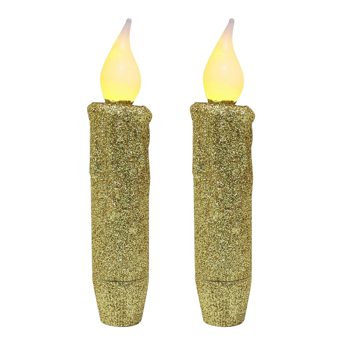 CVHOMEDECO. Glitter Flameless Candles Flickering Battery Operated LED Taper Candles with Timer for Home, Wedding, Halloween, Christmas Decor. Gold, 4-3/4 Inch, Set of 2