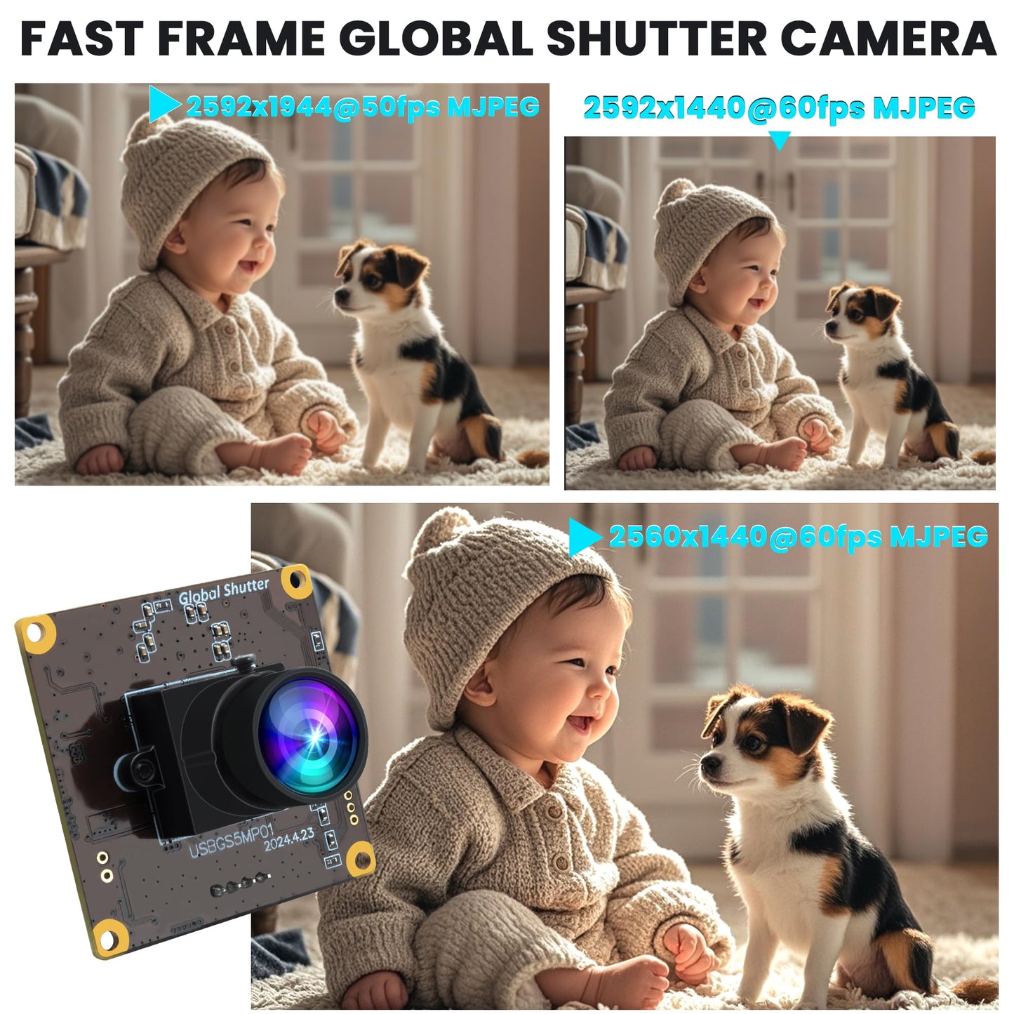 ELP 5MP Global Shutter 50fps USB Camera Module for Computer UVC USB2.0 Lightburn Cam for Laser Engraver High Speed 60fps PC Camera Wide Angle Webcamera for Live Streaming (100°Low Distortion Lens)