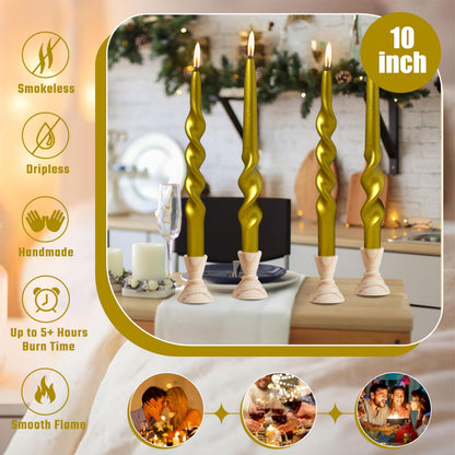 Christmas Spiral Candles Metallic Goldd Taper Candles -10 in Unscented Candlestick for Winter Gift Holiday Christmas Home Decoration Candles, 4 Pack