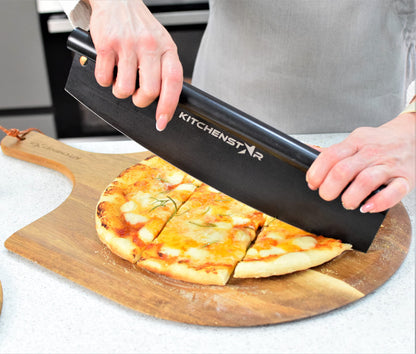 KitchenStar Pizza Cutter Rocker Blade 18" Black + Wooden Pizza Peel 16" + Pizza Stone for Oven and Grill 16" with Handles - Pizza Making Bundle