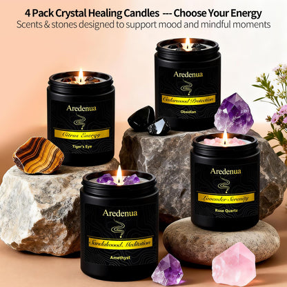 Aredenua Scented Candles Set, 4 Pack Crystal Healing Candles with Rose Quartz Amethyst Tiger Eye Obsidian, 7oz Natural Soy Wax Candles, Lavender Citrus Sandalwood Cedar, Meditation Gifts for Women Men