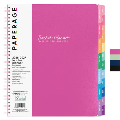 PAPERAGE Teacher Planner, Weekly & Monthly Academic Planner & Calendar, 12-Months, July 2026 - June 2027, (9.5" x 11"), Teacher Lesson Planning Book with Tabs, Stickers & Inner Pocket, Raspberry