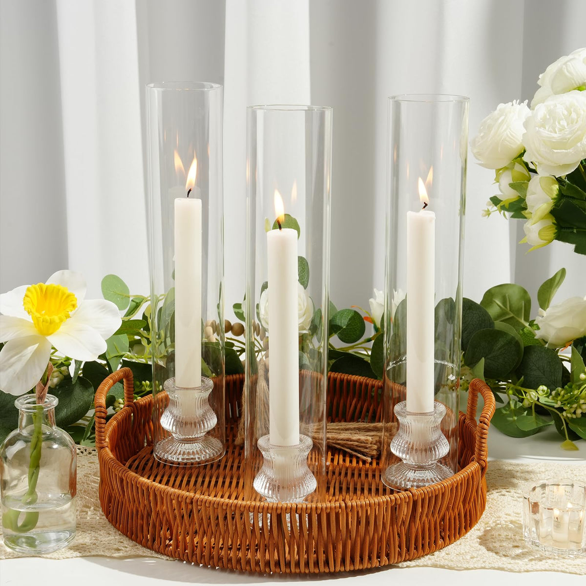 Hurricane Glass Candle Holders 4Pcs Fluted Candlestick Holders for Taper Candles with Cylinder Covers Crystal Candle Sticks Holder Decor for Wedding Birthday Christmas Table Decoration