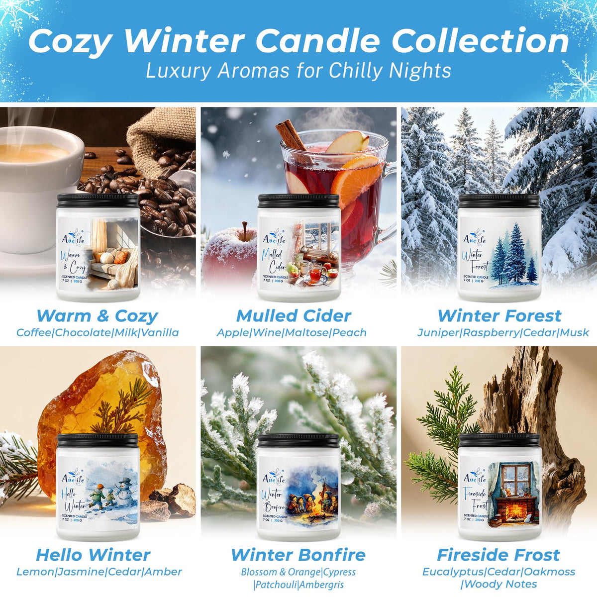 Winter Candle Set | 6 Pack Christmas Scented Candles for Home - Holiday Soy Candle Gift Set for Women Men, Aromatherapy Candles Scents of Hello Winter/Forest/Cider/Warm/Fireside/Bonfire