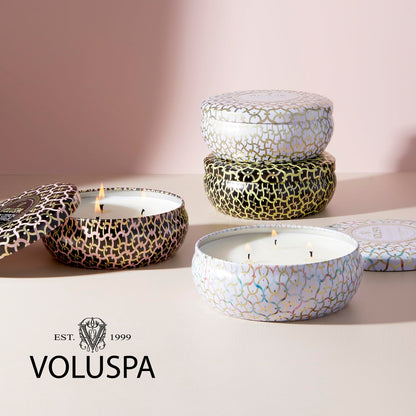 Voluspa Panjore Lychee, 3 Wick Tin Candle, 12 ounce, 40 Hour Burn Time, Coconut Wax for Clean Burning, Handcrafted in the USA