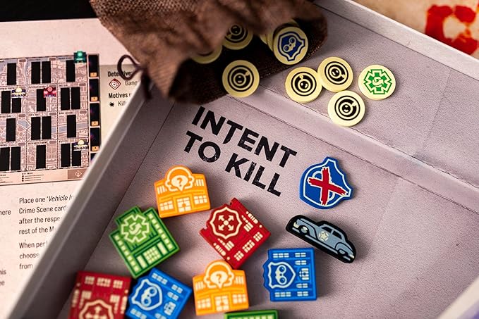 Intent to Kill Deluxe Upgrade by 25th Century Games | Ages 14+ | 2-4 Players | Two New Scenarios | Wooden Upgrade Components | an Evidence Token Bag and Player Screens
