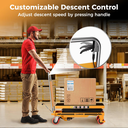 CAMMOO Hydraulic Lift Table Cart, 330lbs Capacity 49.6" Lifting Height, Double Scissor Lift Table with Non-Slip Pad & Safety Guard for Material Handling & Transportation, Yellow