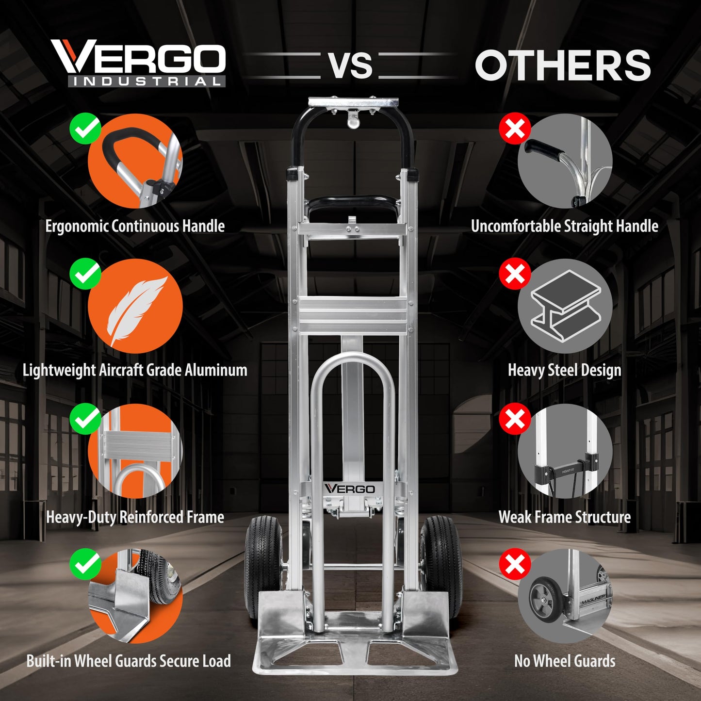 Vergo Industrial Convertible Hand Truck - AS7A2 Heavy Duty Aluminum 3 in 1 Dolly (750 lb Capacity) Lightweight Frame, Ergonomic Handle, Extendable Loop, Versatile Moving Dolly (3 Positions 53" High)