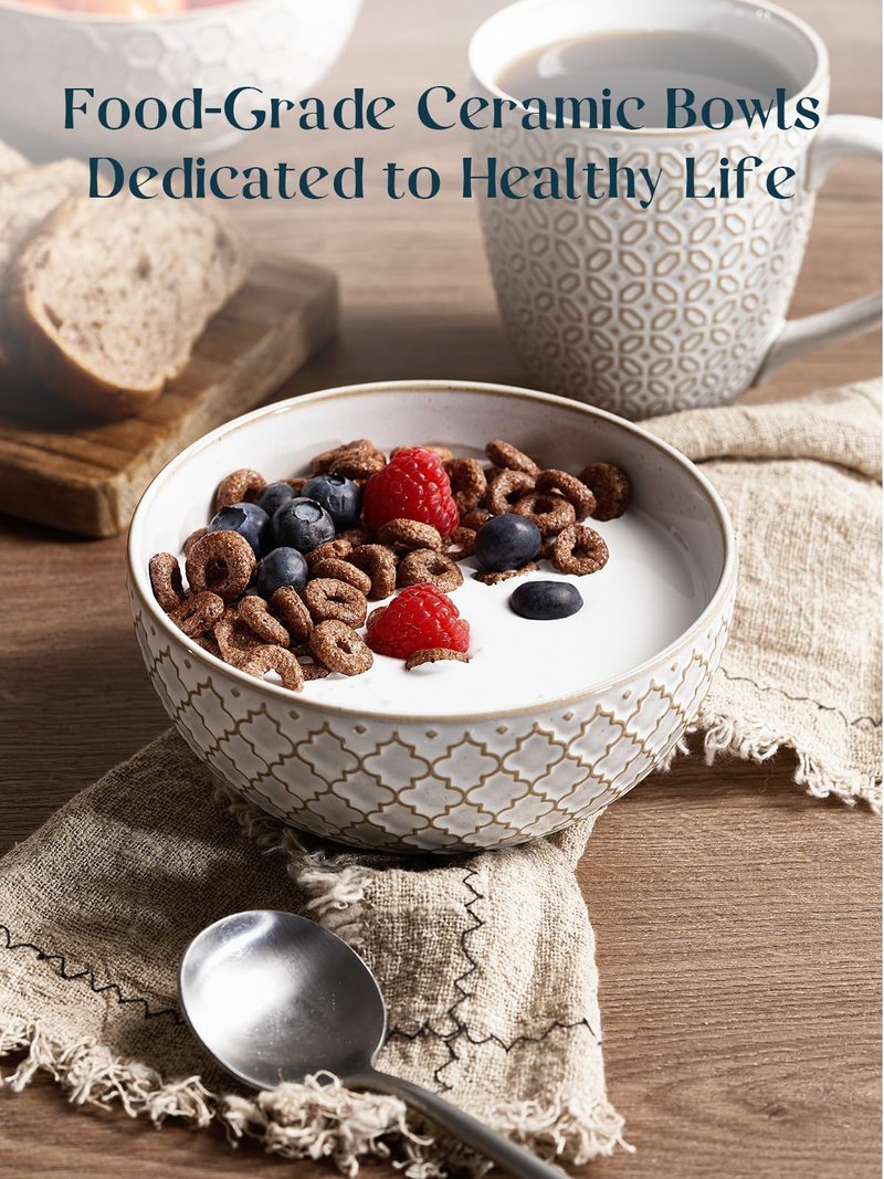 DOWAN Soup Bowls Set of 6, 26 OZ Cereal Bowls for Kitchen, 6" Ceramic Embossment Bowl for Salad, Pho, Fruits, Rice, Large Bowls Decor & Housewarming Gift, Dishwasher & Microwave Safe