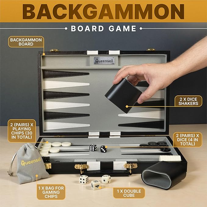 Backgammon Sets for Adults – 15-Inch Black PU Leather Board Game Set – Classic 2-Player Travel Backgammon Set with 32 Playing Pieces Dice and Cups