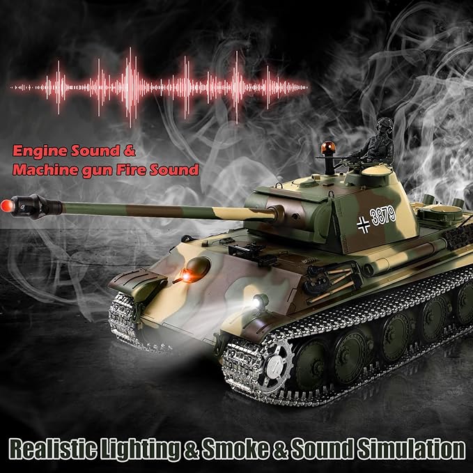 1/16 RC Tank Heng Long German Panther Type G RC Battle Army Toy with Smoke Sound Lights 2.4G Remote Control Tank That Shoot with Upgraded Metal Tracks Idler and Sprocket Wheel Steel Gearbox