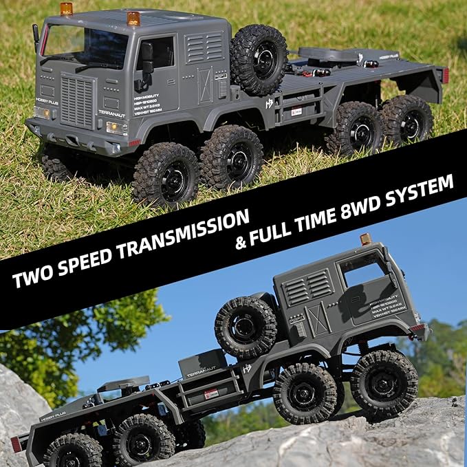 1/18 CR18P Terranaut 8x8 RC Crawler 8WD Rock Truck with Active-AWS All-Wheel Steering 2-Speed Transmission Remote Winch &amp Portal Axles Metal Gears Off-Road RC Car for Adults Collectors (Gray)