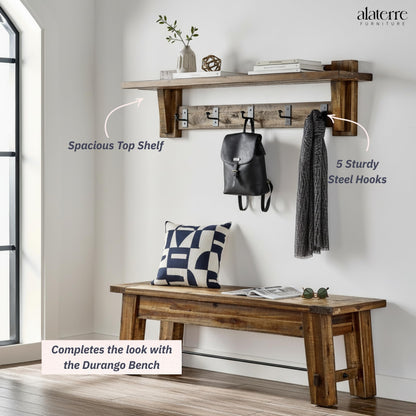 Alaterre Furniture Durango 60 Inch Solid Wood Entryway Organizer - Rustic Industrial Farmhouse Wall Mounted Coat Rack with Shelf and 5 Black Metal Hooks for Mudroom, & Living Room (Natural)