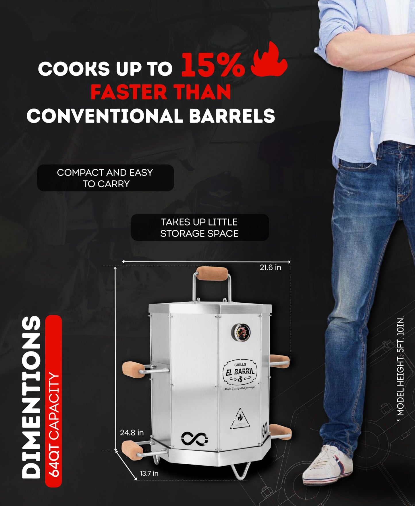 EL BARRIL 15LBS Foldable Barrel Charcoal Grill Smoker - Stainless Steel BBQ Barrel Smoker Grill with Even Heat Airflow for Juicy Tender Meat, Portable Outdoor Grill for Camping, Backyard & Tailgating