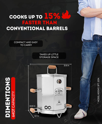 EL BARRIL 15LBS Foldable Barrel Charcoal Grill Smoker - Stainless Steel BBQ Barrel Smoker Grill with Even Heat Airflow for Juicy Tender Meat, Portable Outdoor Grill for Camping, Backyard & Tailgating