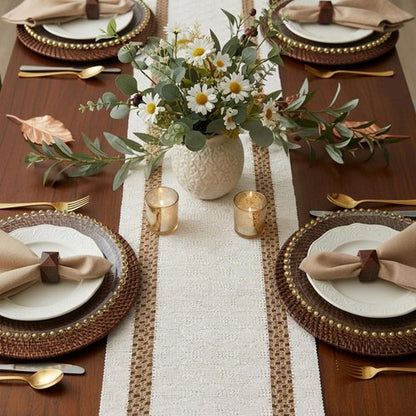 FEXIA Boho Table Runner for Hoilday Home Decor with Tassels 72 Inches Long Farmhouse Rustic Macrame Burlap Pottery barn Furniture Table Decoration for Living Room Kitchen (12x72 Inches)