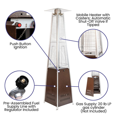 Flash Furniture Outdoor Patio Heater with Wheels - Bronze - 42,000 BTU - 7.5 Feet Tall - Stainless Steel - For Residential and Commercial Use, 90" High, Bronze