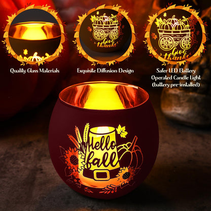 VIHOSE 6 Set Thanksgiving Votive Candle Holders with 6 LED Battery Operated Candles Fall Glass Tealight Holders Fall Table Decorations for Home Table Centerpiece Decor Gifts