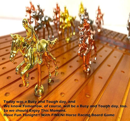 Horse Racing Game for Adults - 11 Luxurious Metal Horses (Silver Black Rose Gold) 16 Dark Pine Wood Race Board Dice &amp Card Included (Dark Color)