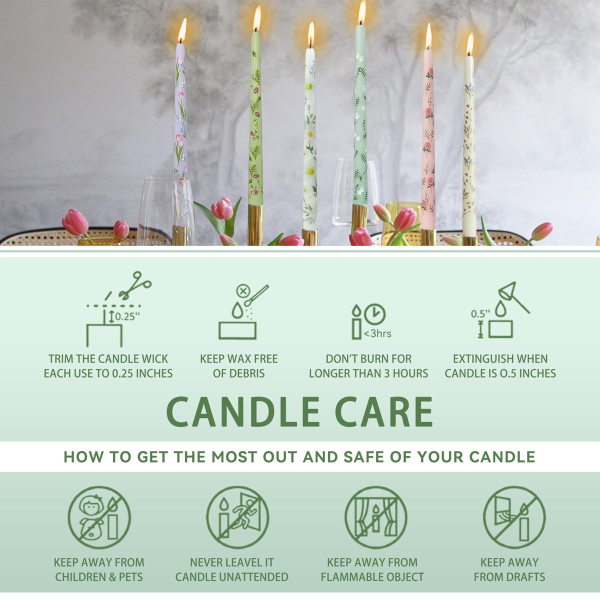 Printed Taper Candle Dripless Candles Sticks - 4 pcs Handmade Green Taper Candle 10 inches Long Tapered Candles for Home Party Wedding Restaurant Holiday Decor