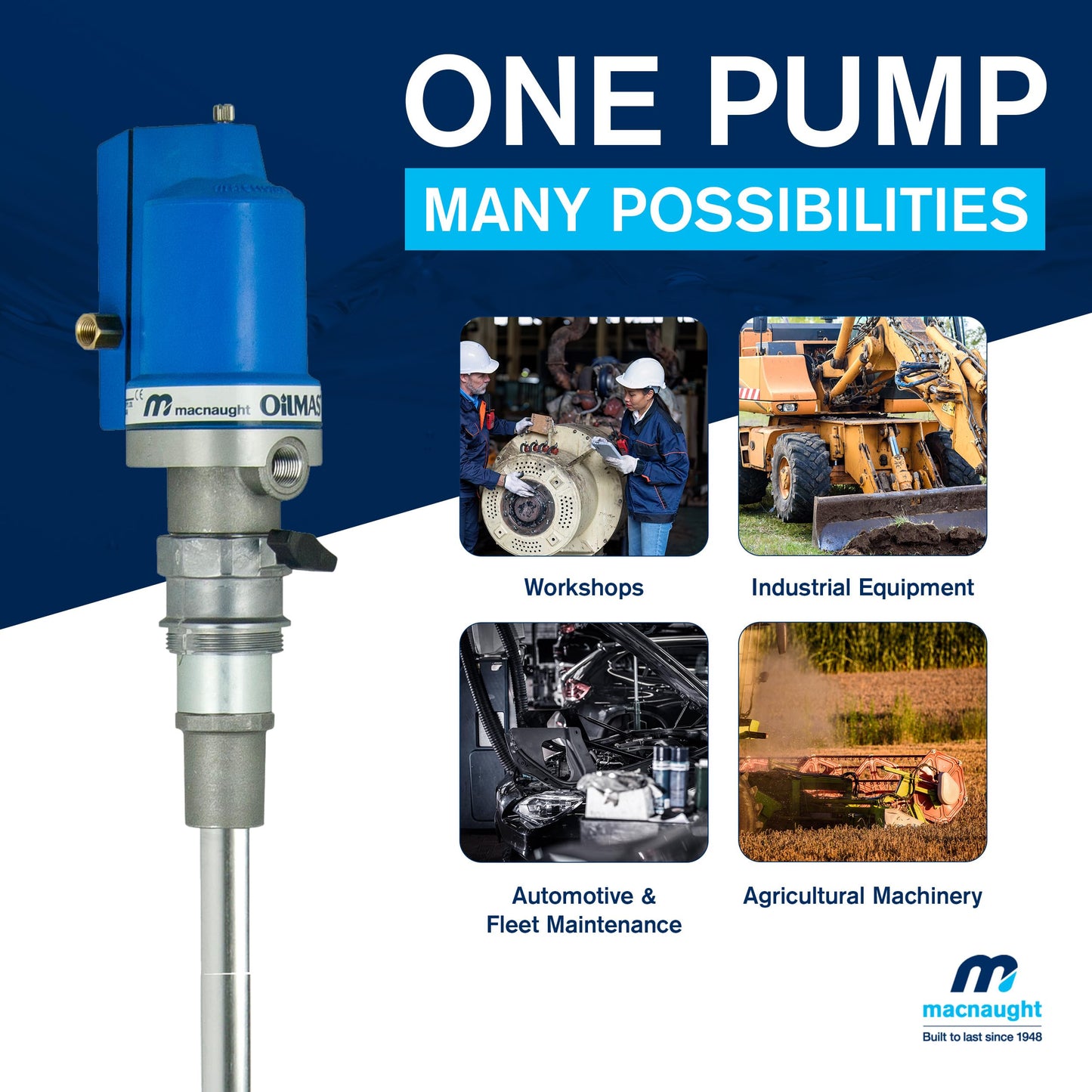 Macnaught Ratio 5:1 Air Operated Pneumatic Oil Transfer Pump. Engine and gear oils up to SAE140, auto trans, hydraulic fluid and anti-freeze/anti-boil (NOT for Gasoline or Diesel)