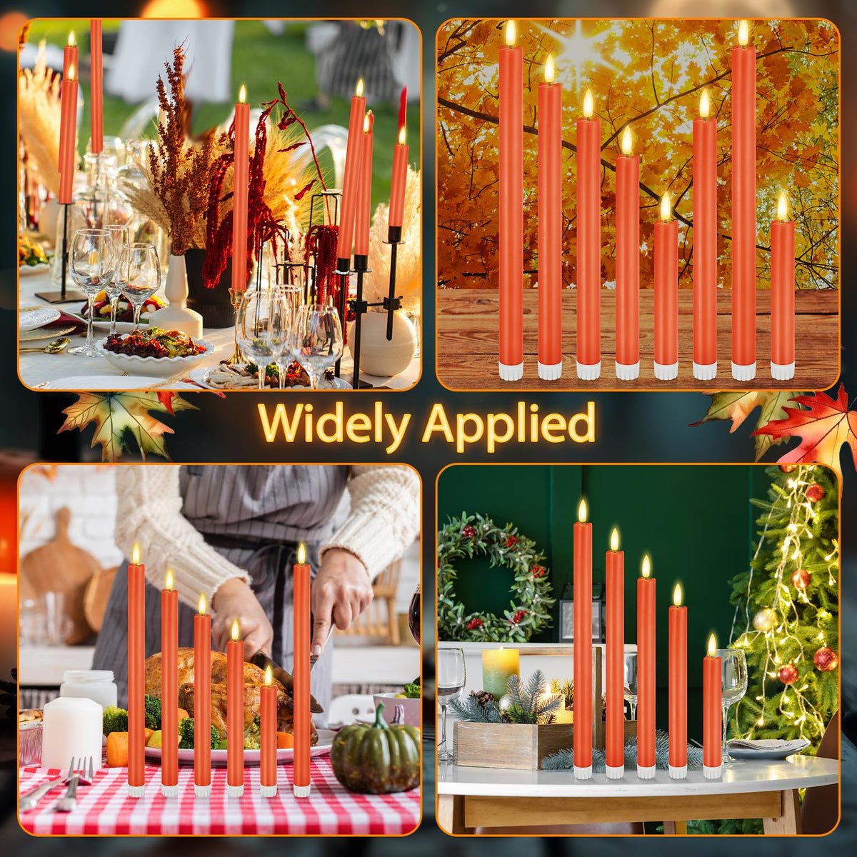 Rossesay 20 Pcs Flameless LED Taper Candles Battery Operated Taper Candles 5 Sizes of 6.5'', 7.7'', 8.8'', 10.0'', 11.2'' Flameless Candlesticks Flickering with 3D Flame for Wedding (Orange)