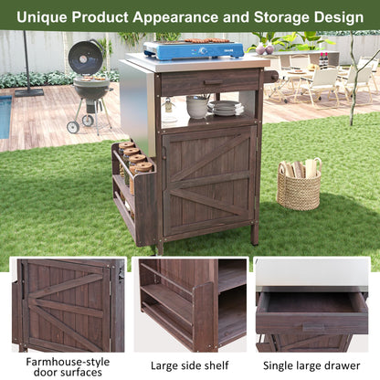 Trygoal Outdoor Grill Cart with Stainless Steel Top, 40.5”Solid Wood BBQ Prep Table for Pizza Oven, Mobile Outdoor Kitchen Island with Drop Leaf, Storage Cabinet, Towel Rack & Spice Holder for Patio