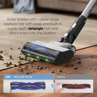YONNDER Cordless Vacuum Cleaner, 550W 50KPA 70Mins Powerful Vacuum Cleaners for Home, with Anti-Tangle, LED Display Screen, Self-Standing Stick Vacuum for Hardwood Floors/Pet Hair/Carpet, M1, Silver