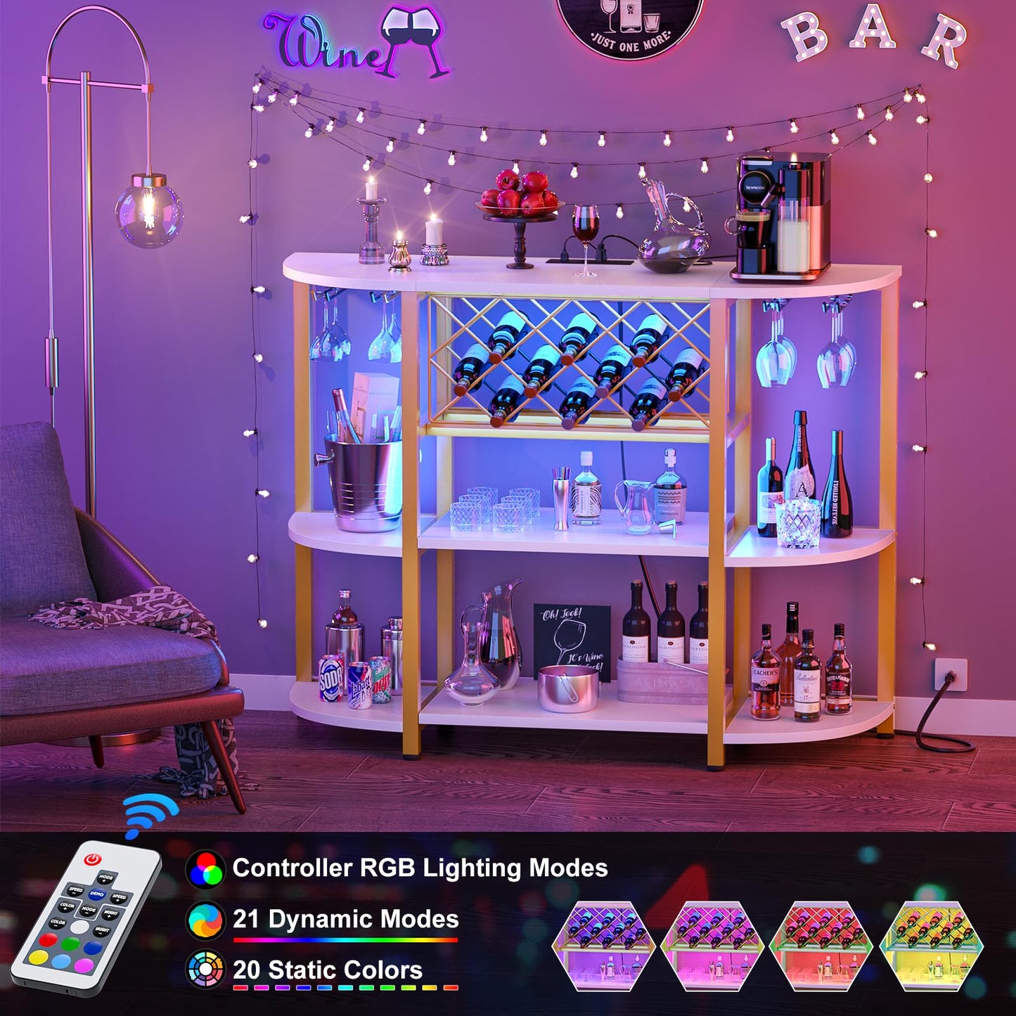 Unikito 4-Tier Metal Coffee Bar Cabinet with Outlet and LED Light, Freestanding Floor Bar Table for Liquor with Glass Holder and Wine Storage, Wine Bakers Rack for Kitchen Dining Room, White and Gold